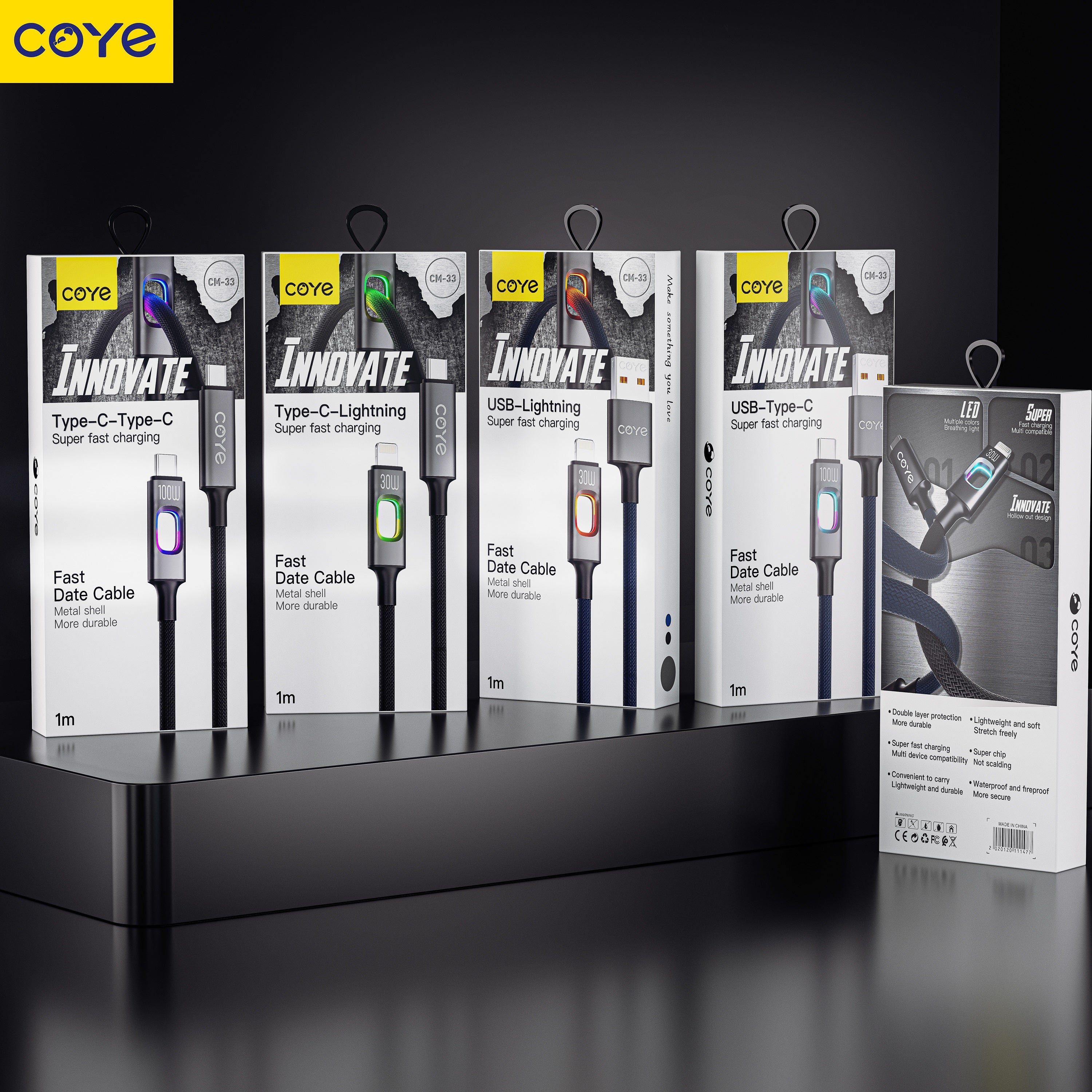 COYE 1m USB C to USB C Fast Charging Cable – 100W PD Super Charge Lead with LED Breathing Light Double-Layer Woven Lightweight Soft Stretch Super Chip Non-Heating Water & Fireproof Charging Cord