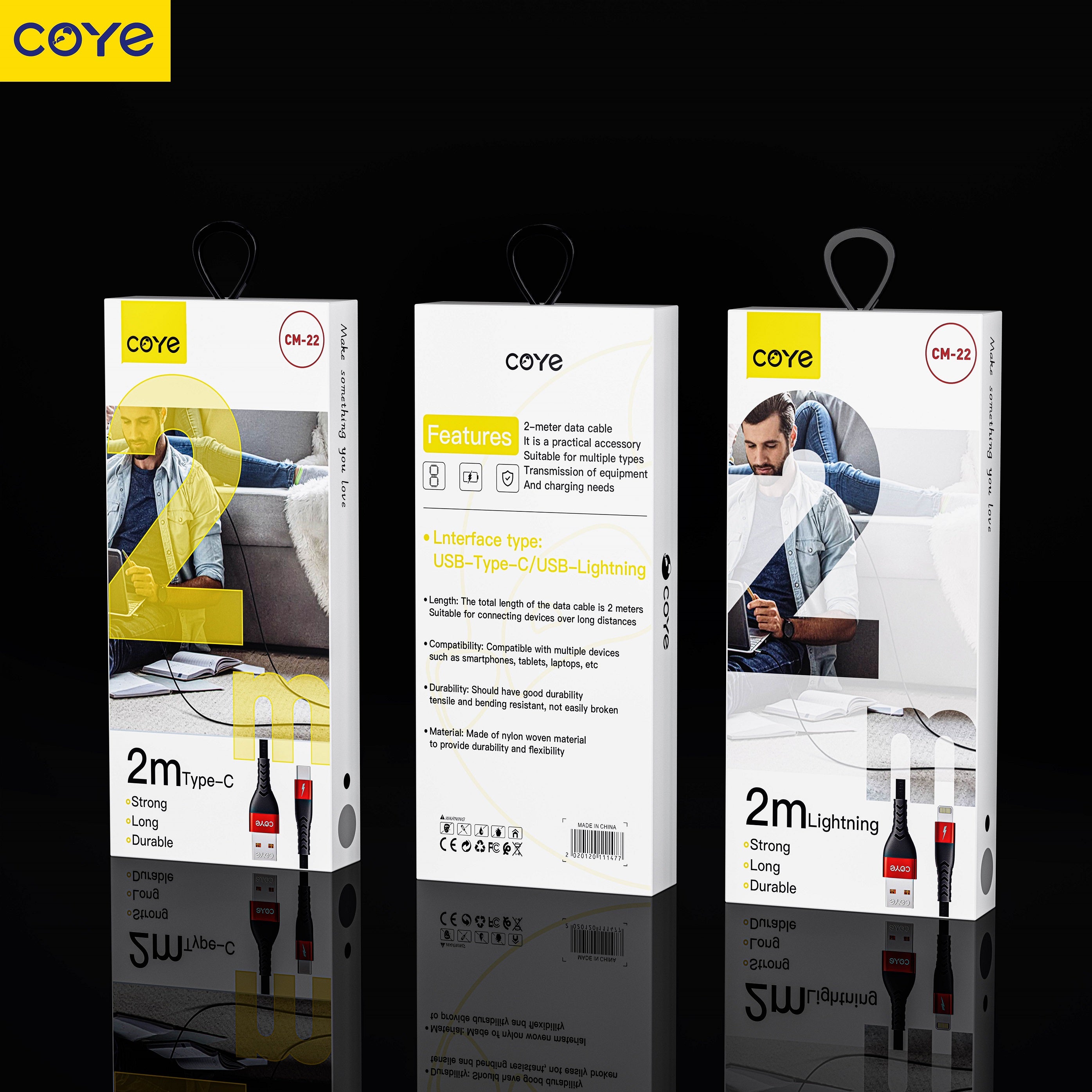 COYE 2m Nylon Woven USB A to USB C Cable – 4A Fast Charging Long-Length Data & Charger Lead, Wear-Resisting and Stretch-Proof Design