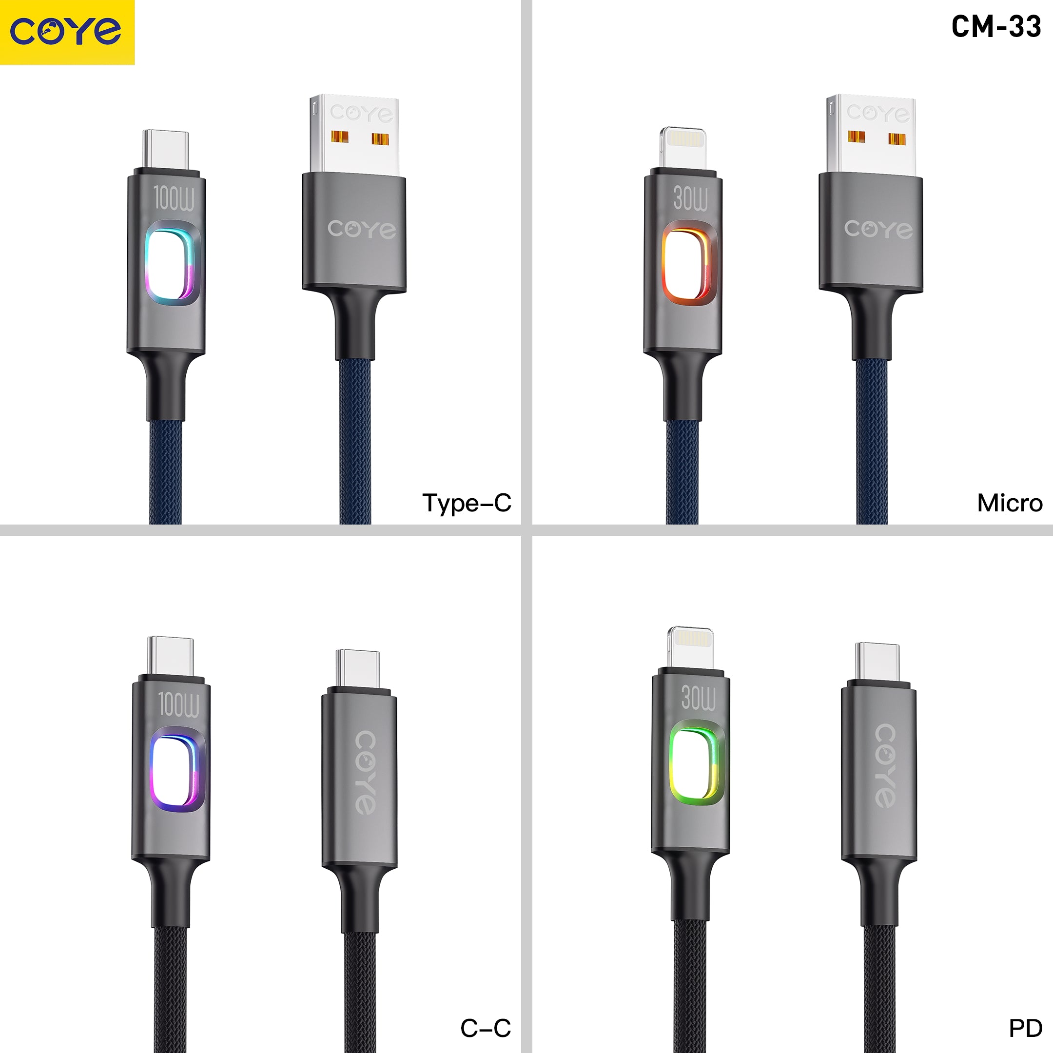 COYE 1m USB C to USB C Fast Charging Cable – 100W PD Super Charge Lead with LED Breathing Light Double-Layer Woven Lightweight Soft Stretch Super Chip Non-Heating Water & Fireproof Charging Cord