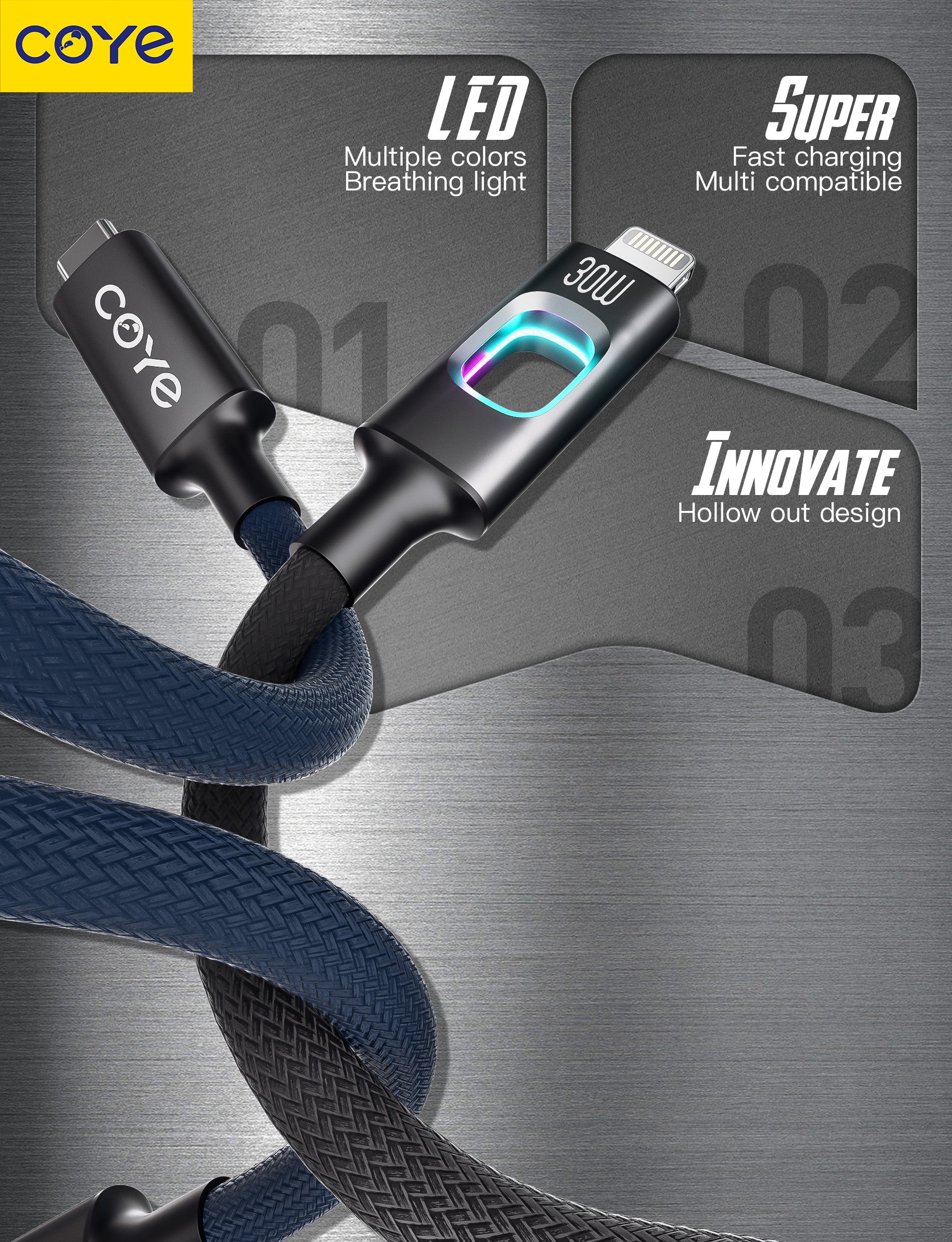 COYE 1m USB C to USB C Fast Charging Cable – 100W PD Super Charge Lead with LED Breathing Light Double-Layer Woven Lightweight Soft Stretch Super Chip Non-Heating Water & Fireproof Charging Cord