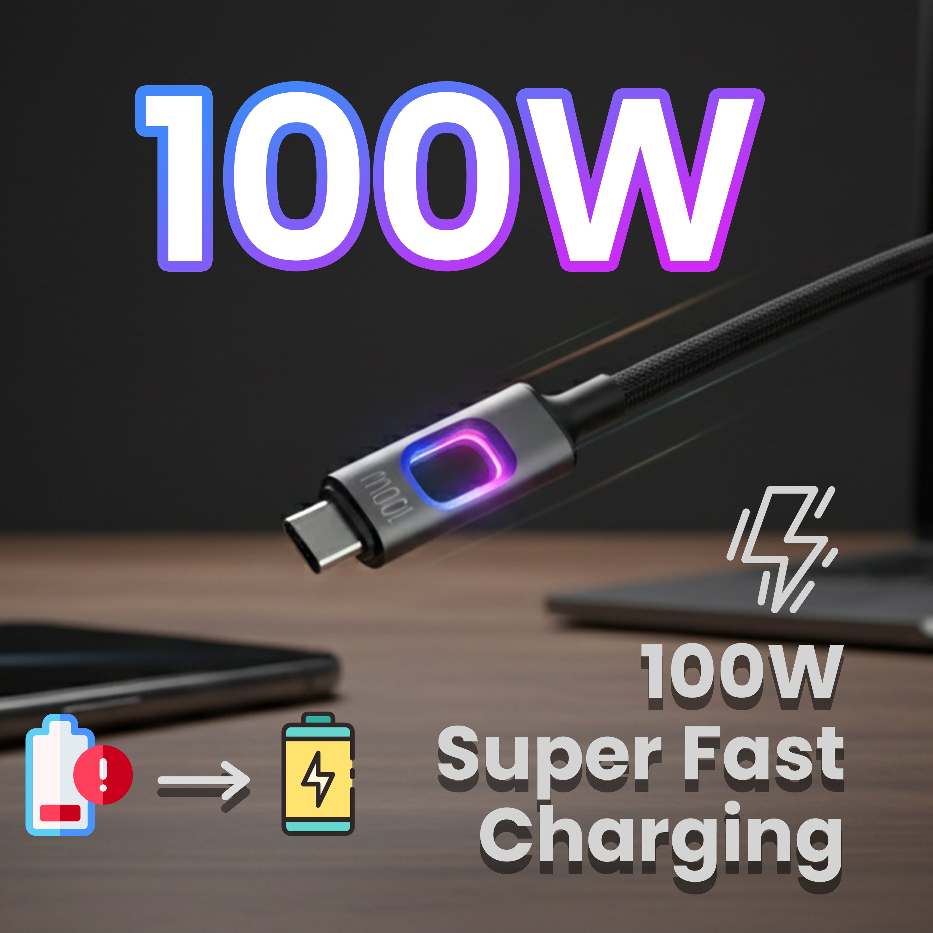 COYE 1m USB C to USB C Fast Charging Cable – 100W PD Super Charge Lead with LED Breathing Light Double-Layer Woven Lightweight Soft Stretch Super Chip Non-Heating Water & Fireproof Charging Cord