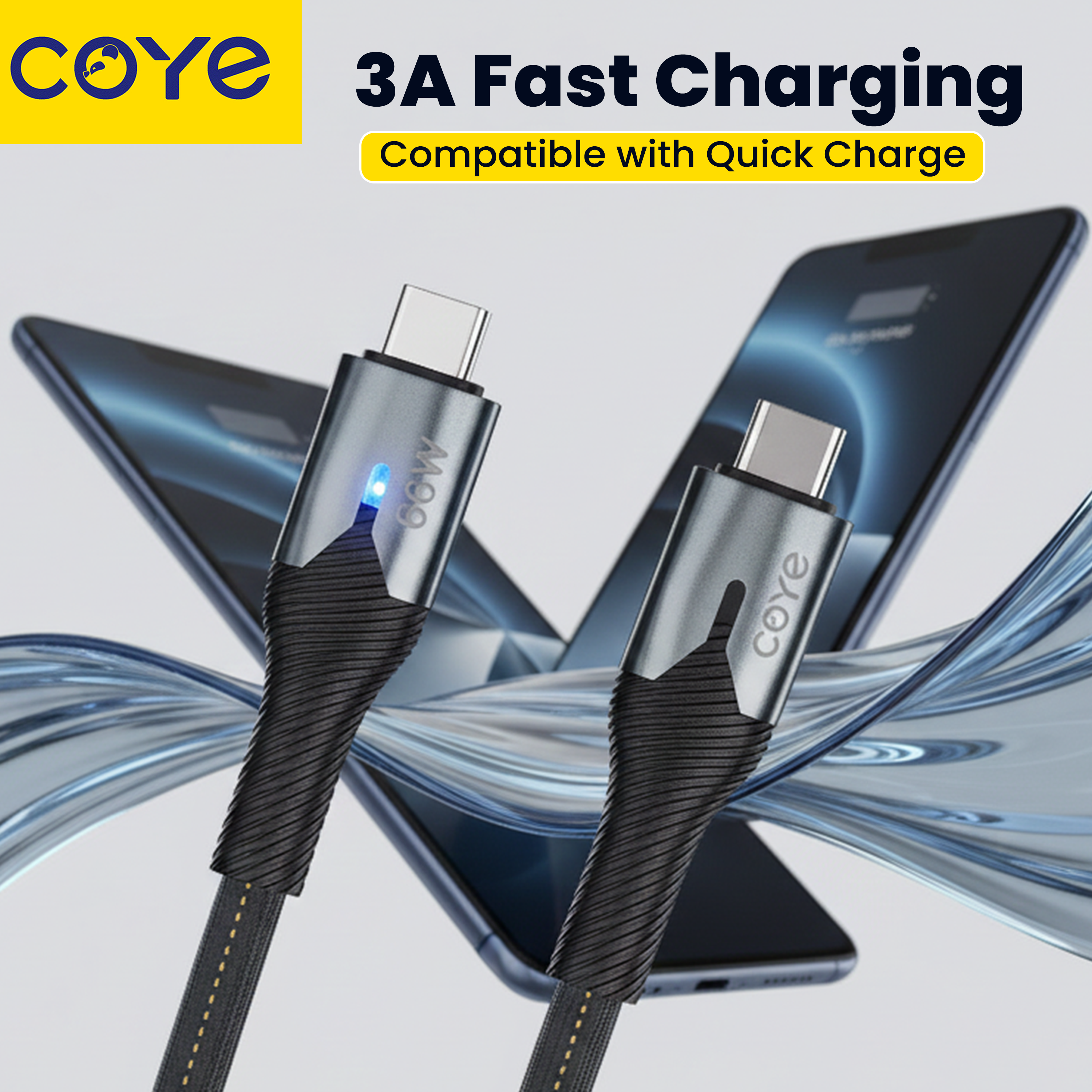 COYE 1m USB C to USB C Cable – 66W PD Fast Charging & Data Sync, LED Indicator, Pull-Resistant, Tangle-Free, High Tensile Strength, High-Speed Data Transfer