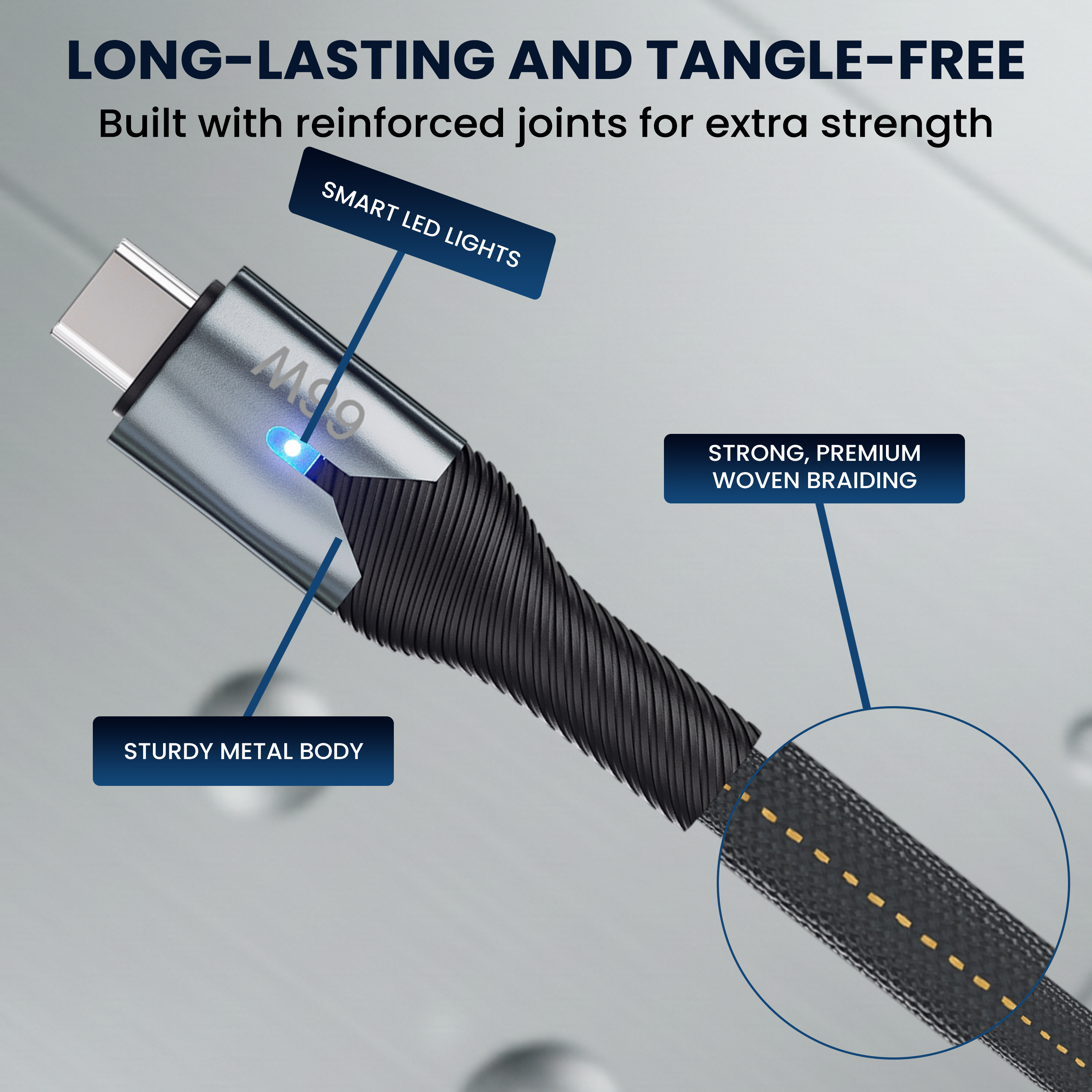 COYE 1m USB C to USB C Cable – 66W PD Fast Charging & Data Sync, LED Indicator, Pull-Resistant, Tangle-Free, High Tensile Strength, High-Speed Data Transfer