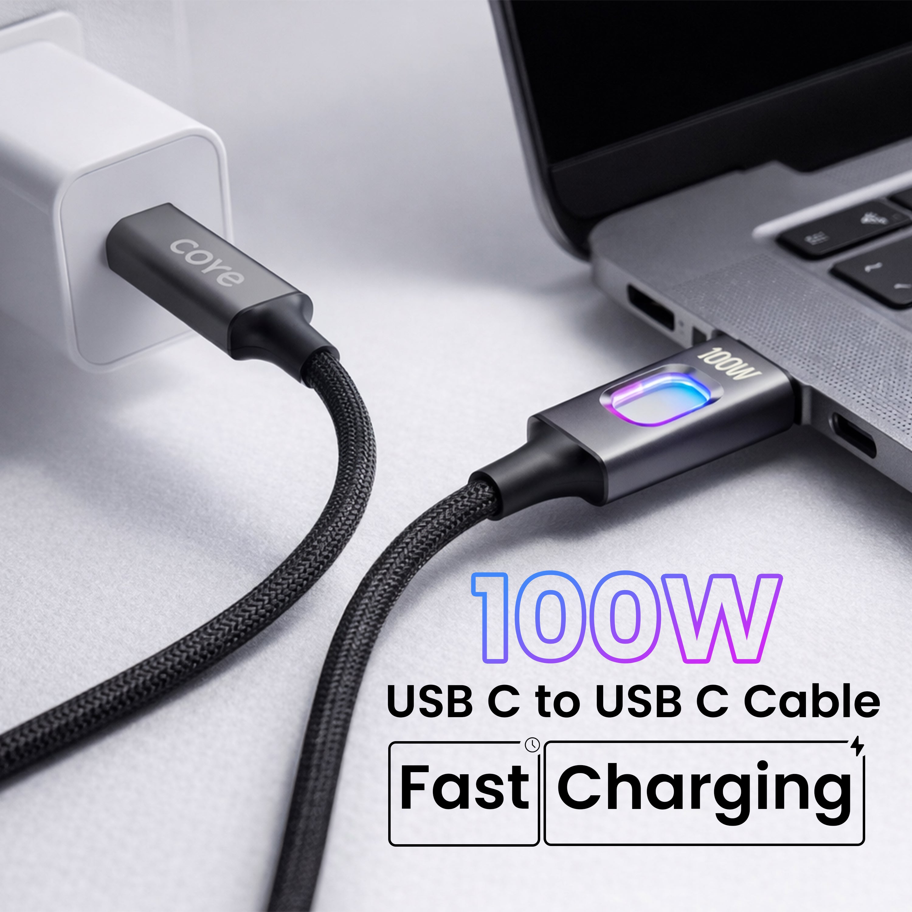 COYE 1m USB C to USB C Fast Charging Cable – 100W PD Super Charge Lead with LED Breathing Light Double-Layer Woven Lightweight Soft Stretch Super Chip Non-Heating Water & Fireproof Charging Cord