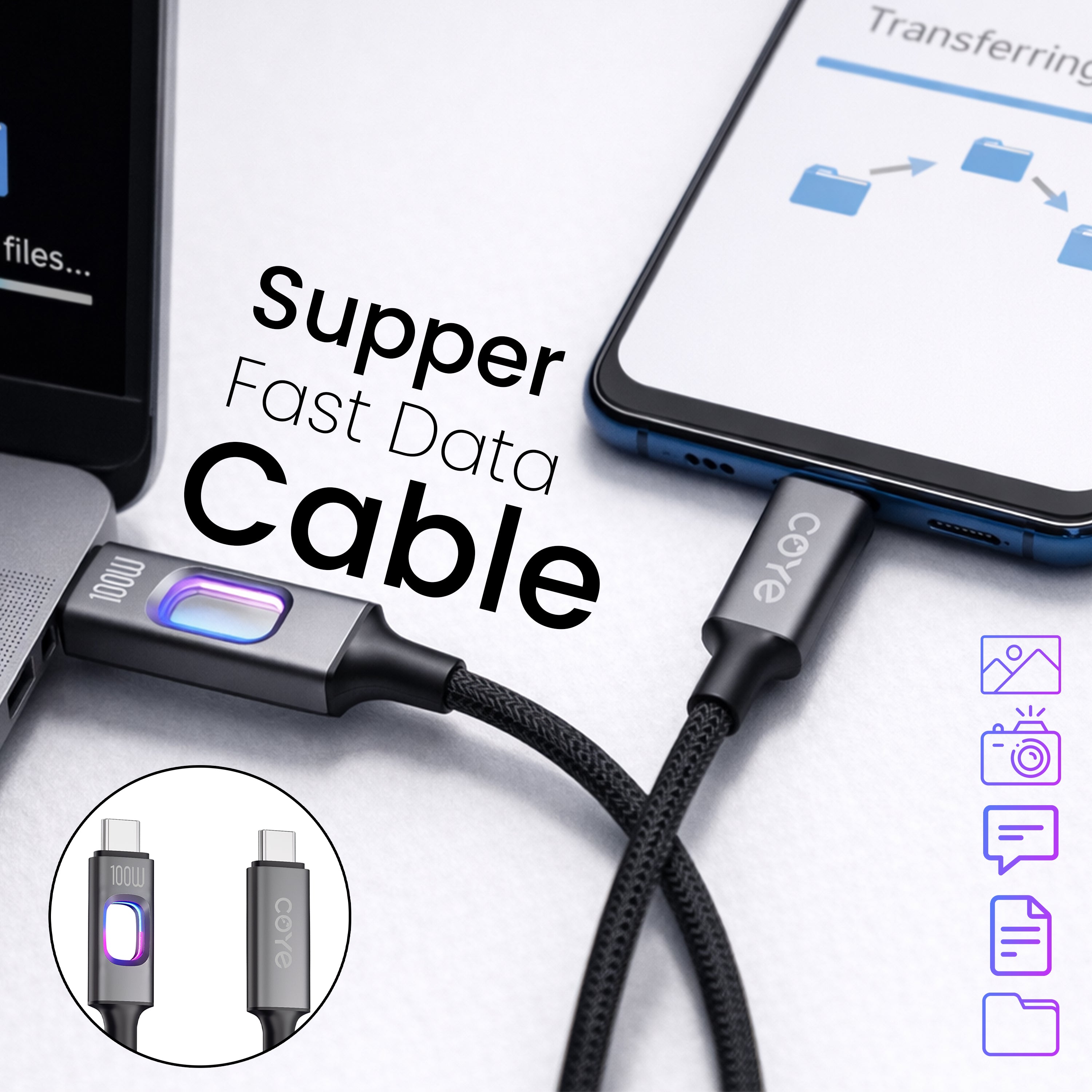 COYE 1m USB C to USB C Fast Charging Cable – 100W PD Super Charge Lead with LED Breathing Light Double-Layer Woven Lightweight Soft Stretch Super Chip Non-Heating Water & Fireproof Charging Cord