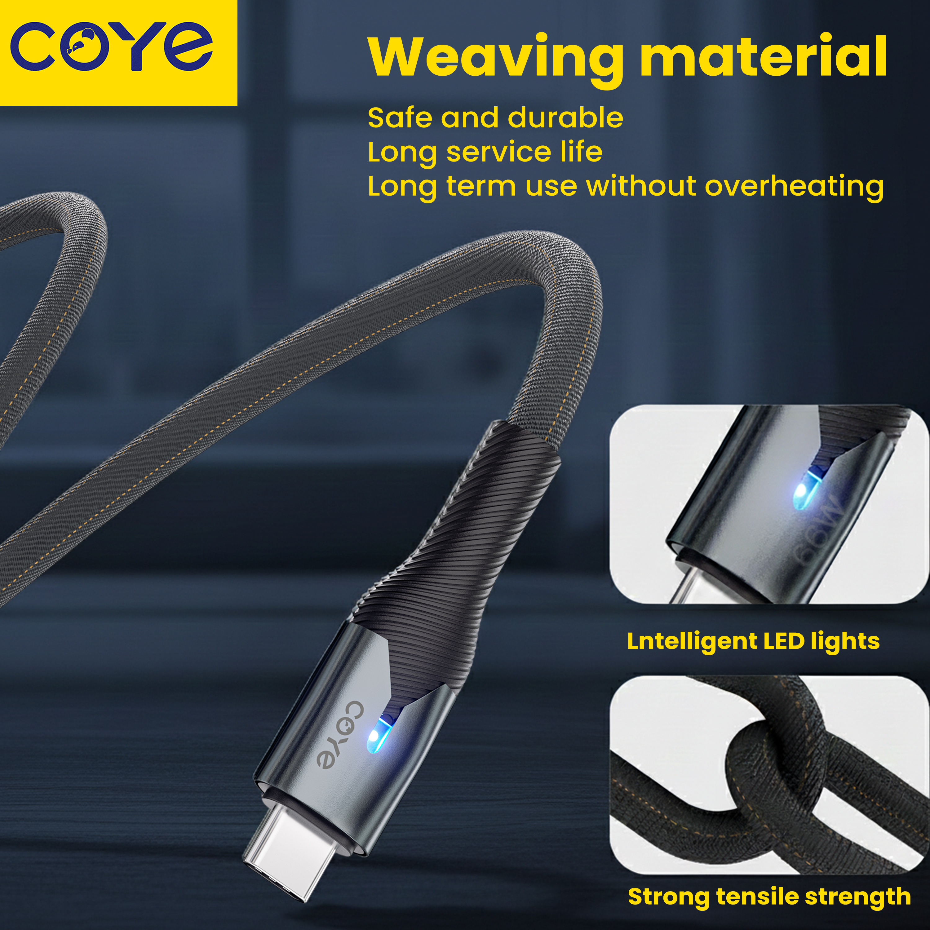 COYE 1m USB C to USB C Cable – 66W PD Fast Charging & Data Sync, LED Indicator, Pull-Resistant, Tangle-Free, High Tensile Strength, High-Speed Data Transfer