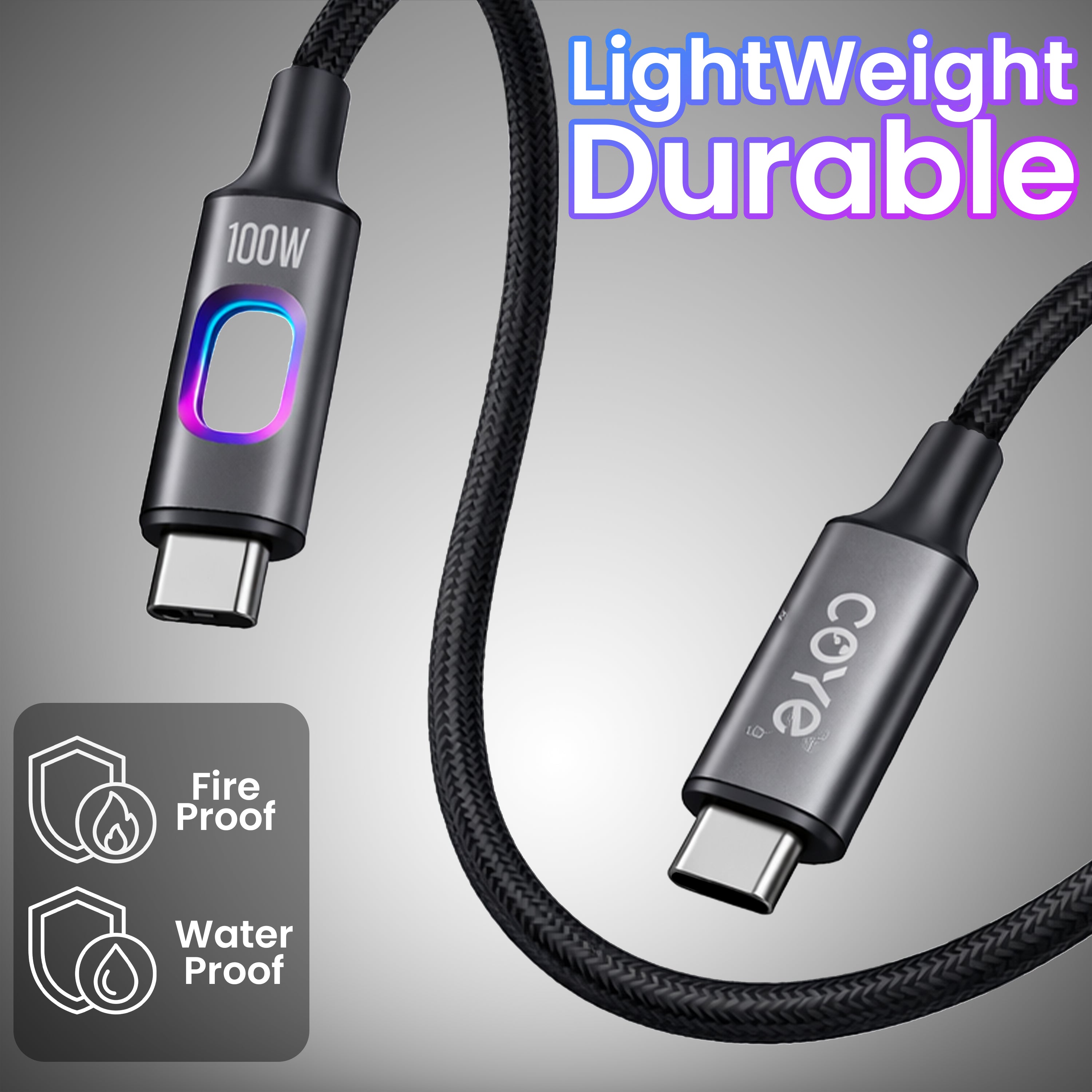 COYE 1m USB C to USB C Fast Charging Cable – 100W PD Super Charge Lead with LED Breathing Light Double-Layer Woven Lightweight Soft Stretch Super Chip Non-Heating Water & Fireproof Charging Cord