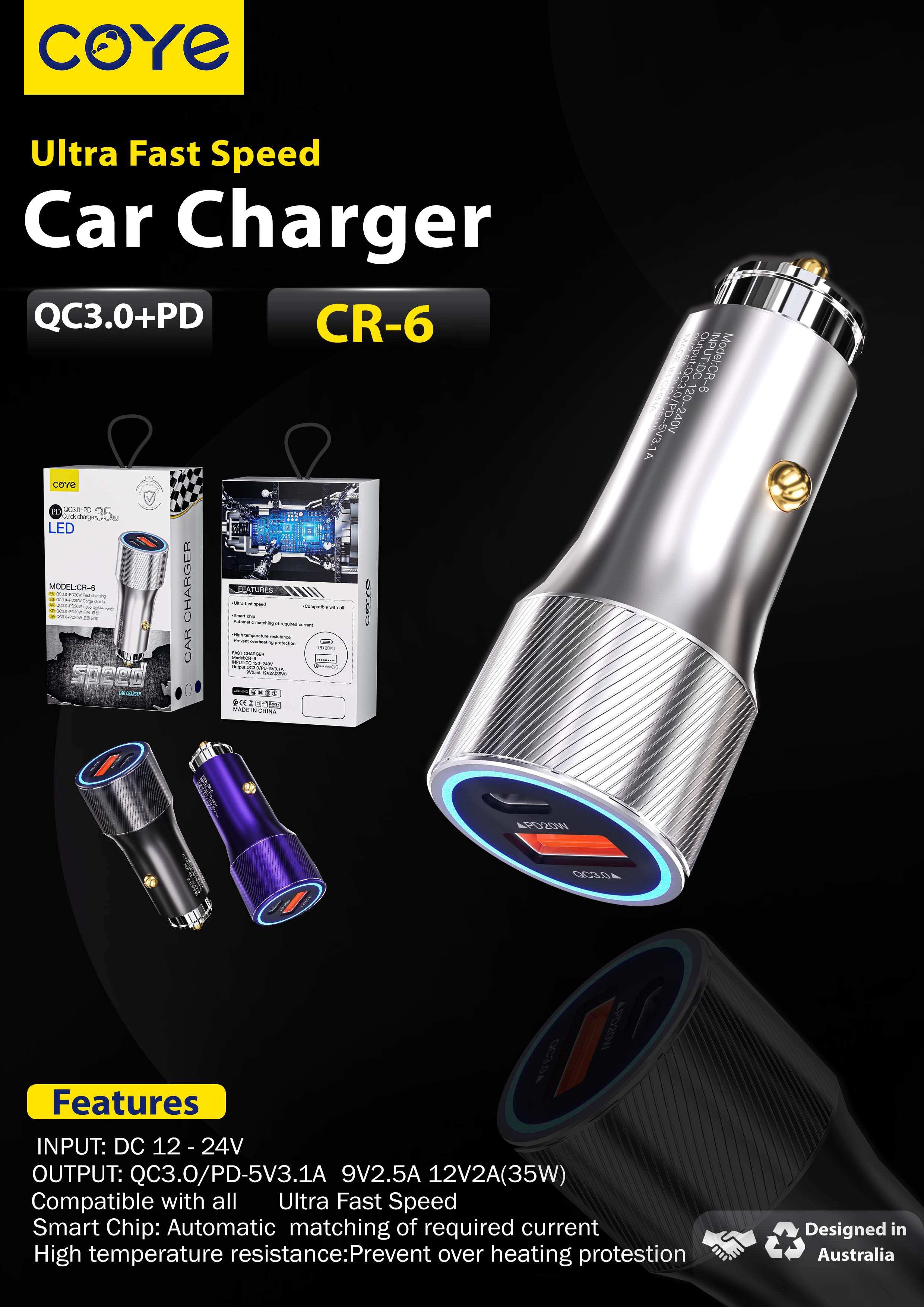 Coye Car Charger 35W PD Fast Charger (1 USB C & 1 USB A)