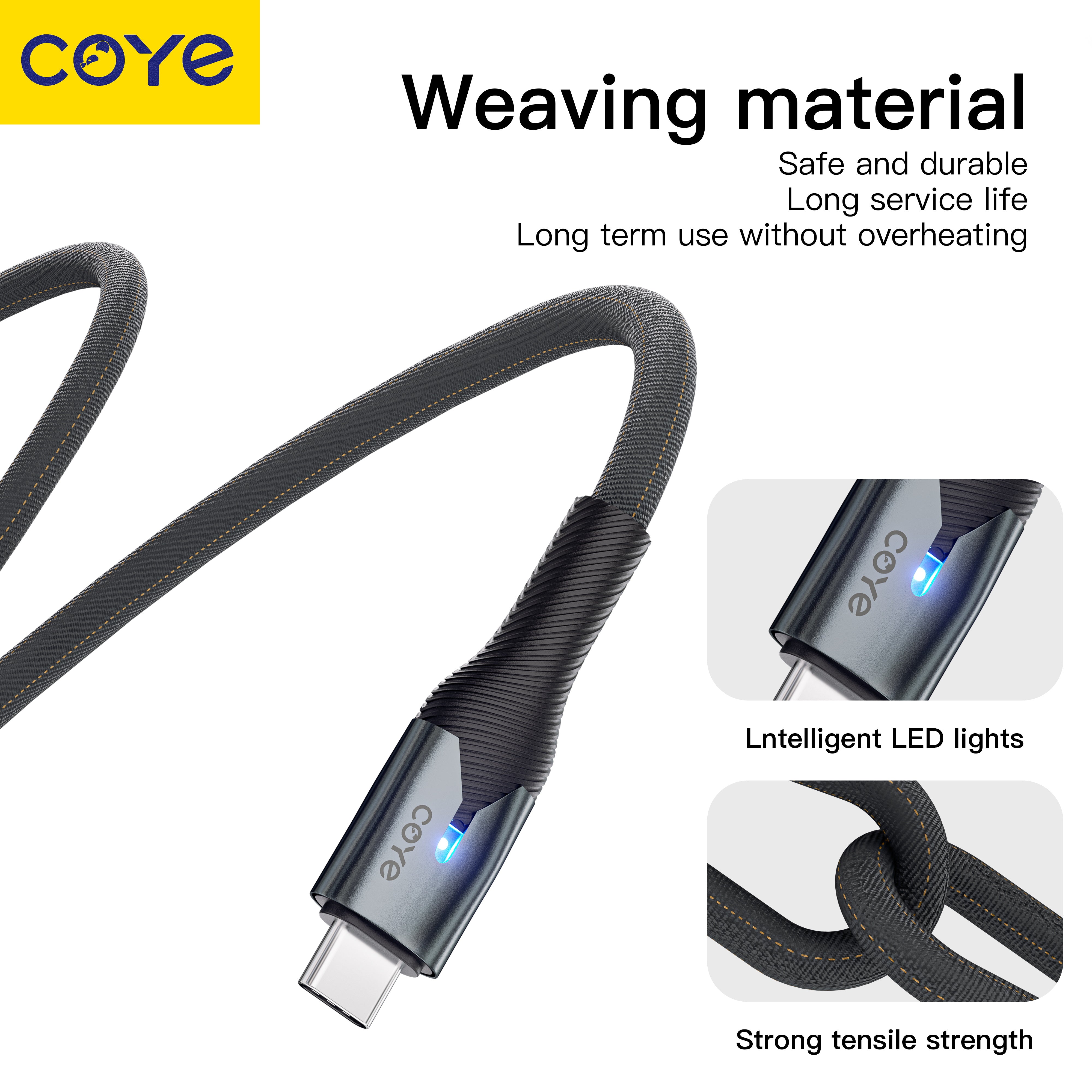 COYE 1m USB C to USB C Cable – 66W PD Fast Charging & Data Sync, LED Indicator, Pull-Resistant, Tangle-Free, High Tensile Strength, High-Speed Data Transfer