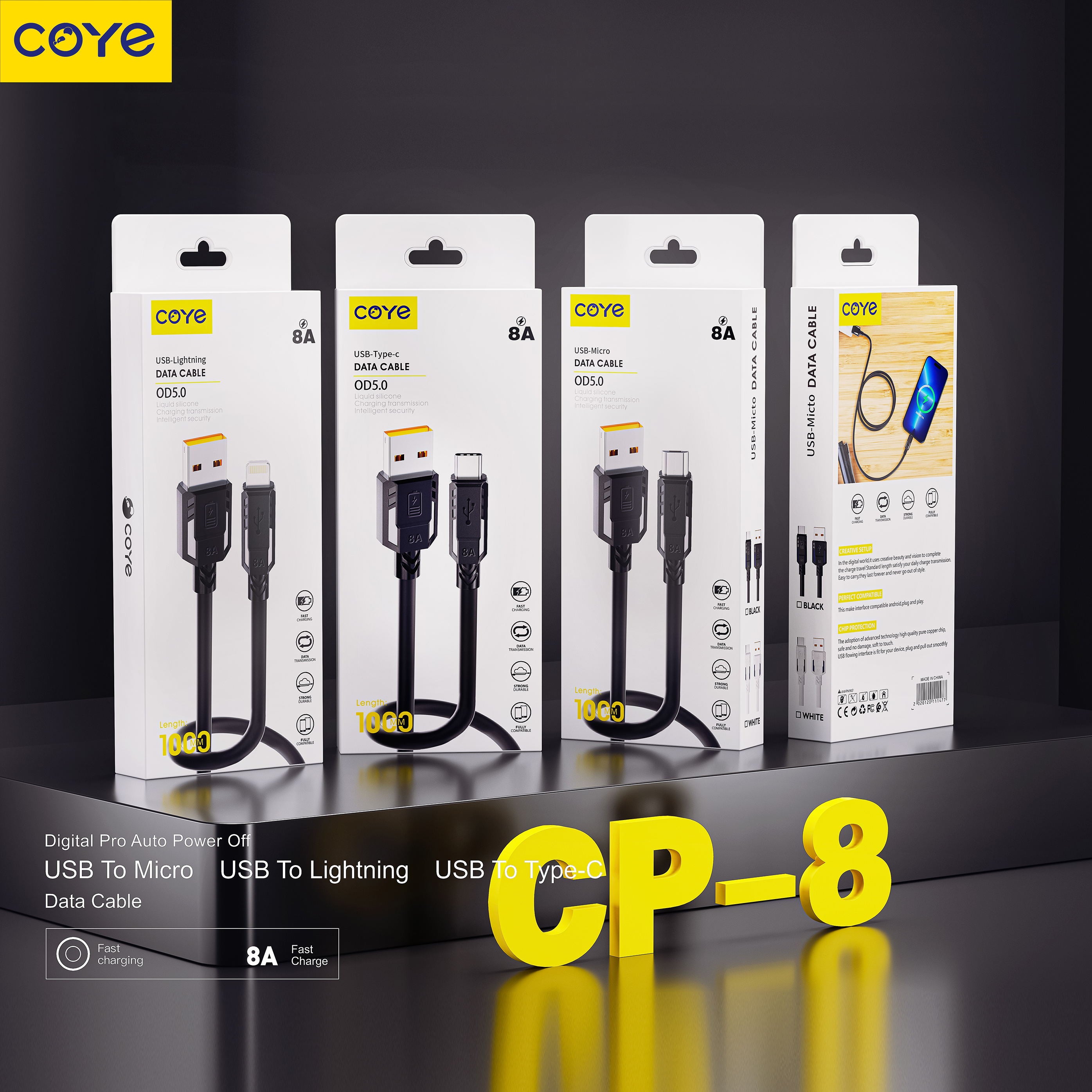 COYE 1m Liquid Silicone USB A to USB C Cable – 8A Fast Charging Lead OD5.0 Thick Strong Durable Tangle-Free Build Intelligent Safety Chip High-Speed Data Transfer