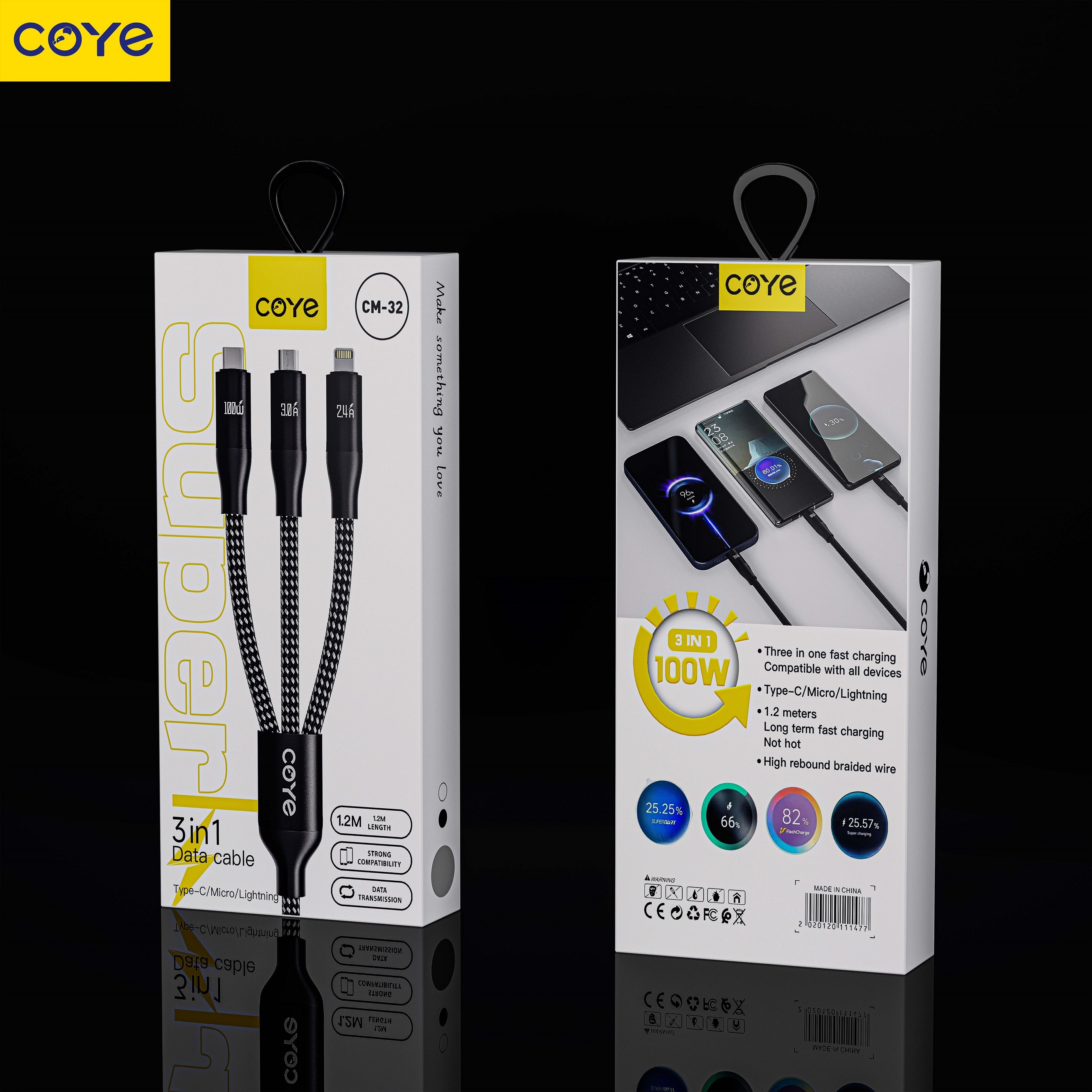 COYE 1.2m 4ft High-Rebound Nylon 3-in-1 Fast Charging Data Cable – USB-A to USB C 100W/Micro USB 3A/Lightening 2.4A Cable Wear Resistant Braided