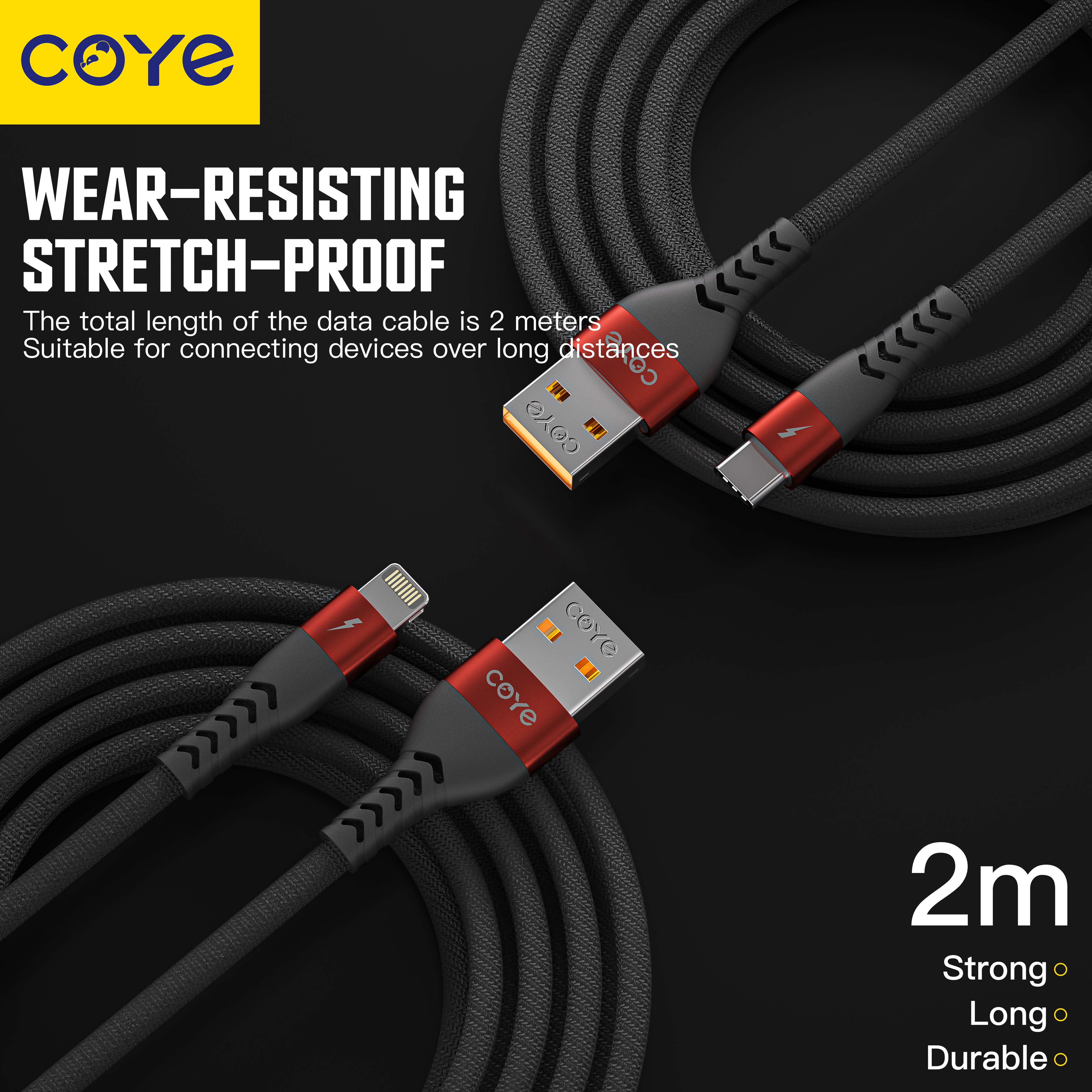 COYE 2m Nylon Woven USB A to USB C Cable – 4A Fast Charging Long-Length Data & Charger Lead, Wear-Resisting and Stretch-Proof Design