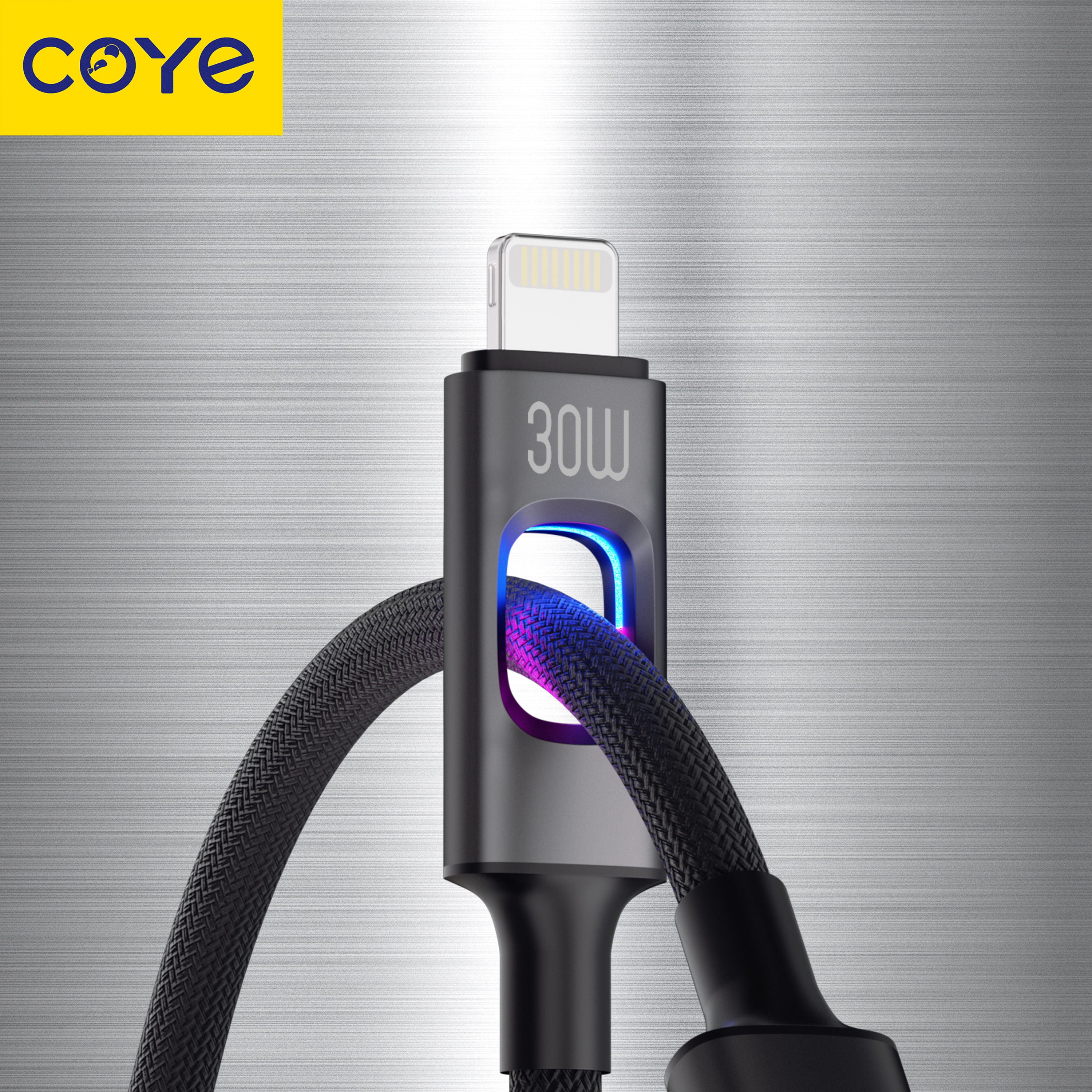 COYE 1m USB C to USB C Fast Charging Cable – 100W PD Super Charge Lead with LED Breathing Light Double-Layer Woven Lightweight Soft Stretch Super Chip Non-Heating Water & Fireproof Charging Cord