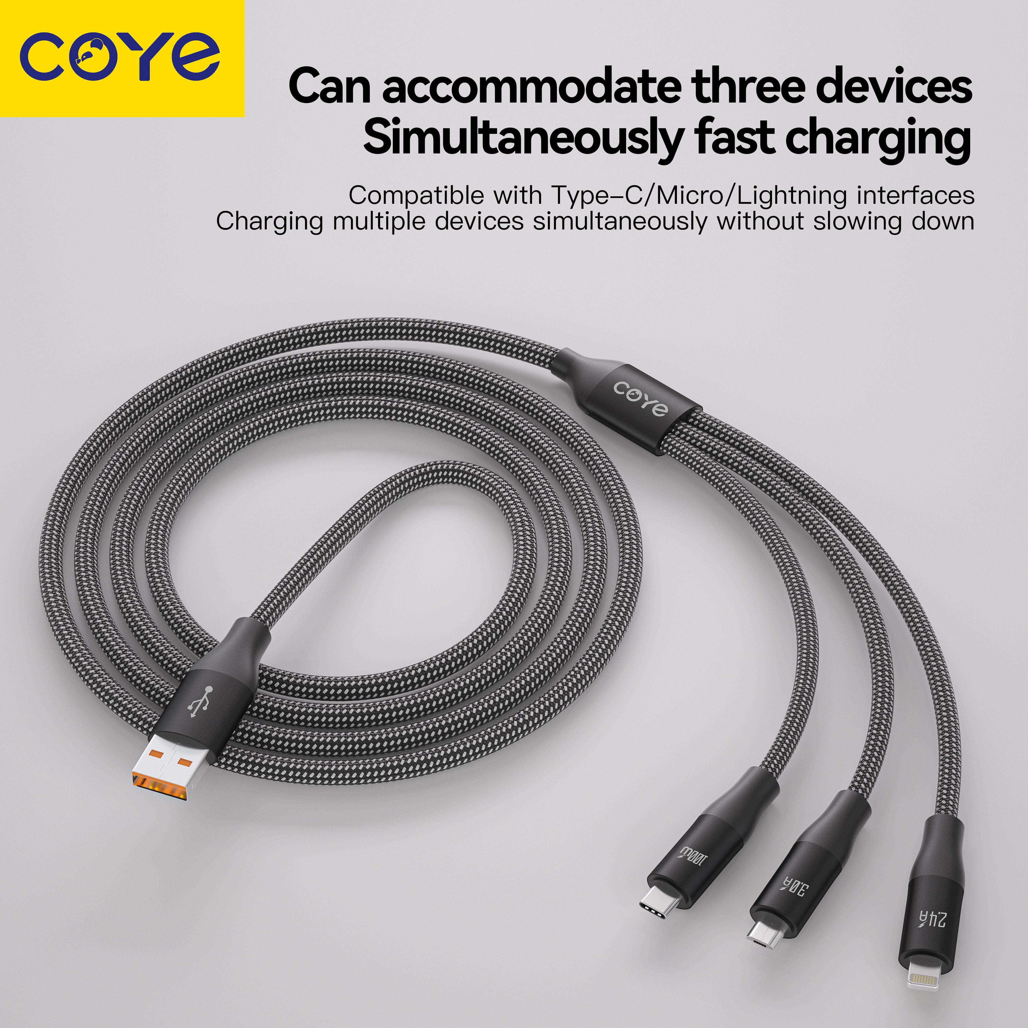 COYE 1.2m 4ft High-Rebound Nylon 3-in-1 Fast Charging Data Cable – USB-A to USB C 100W/Micro USB 3A/Lightening 2.4A Cable Wear Resistant Braided