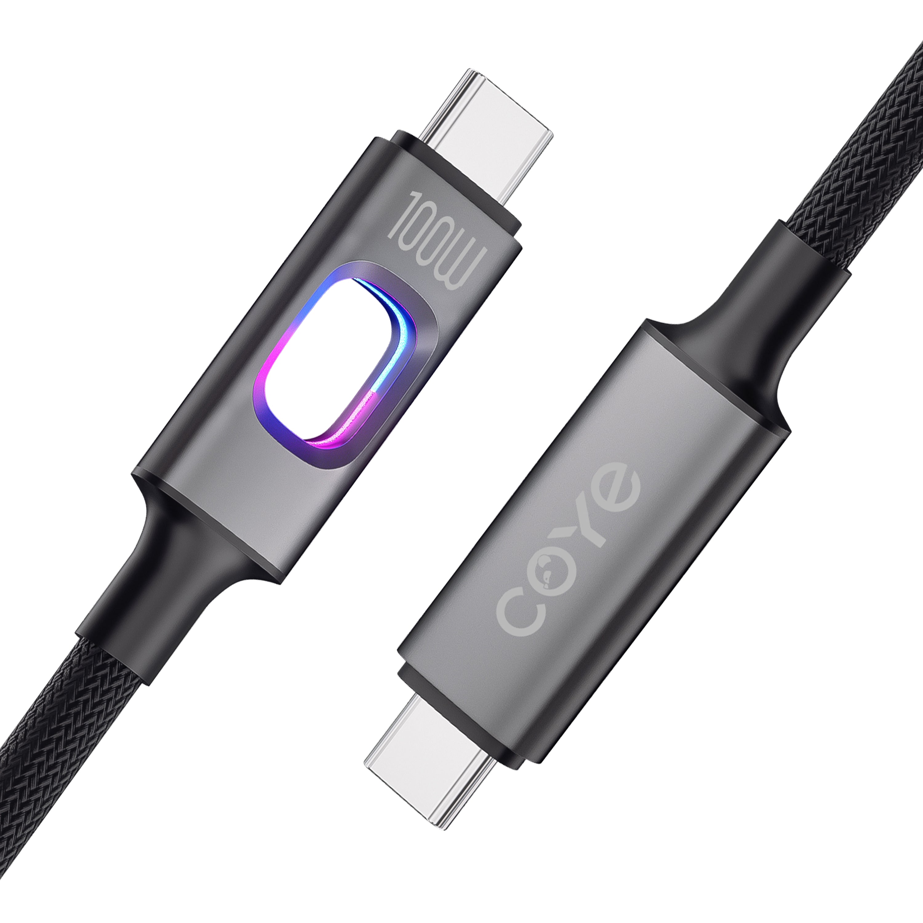 COYE 1m USB C to USB C Fast Charging Cable – 100W PD Super Charge Lead with LED Breathing Light Double-Layer Woven Lightweight Soft Stretch Super Chip Non-Heating Water & Fireproof Charging Cord