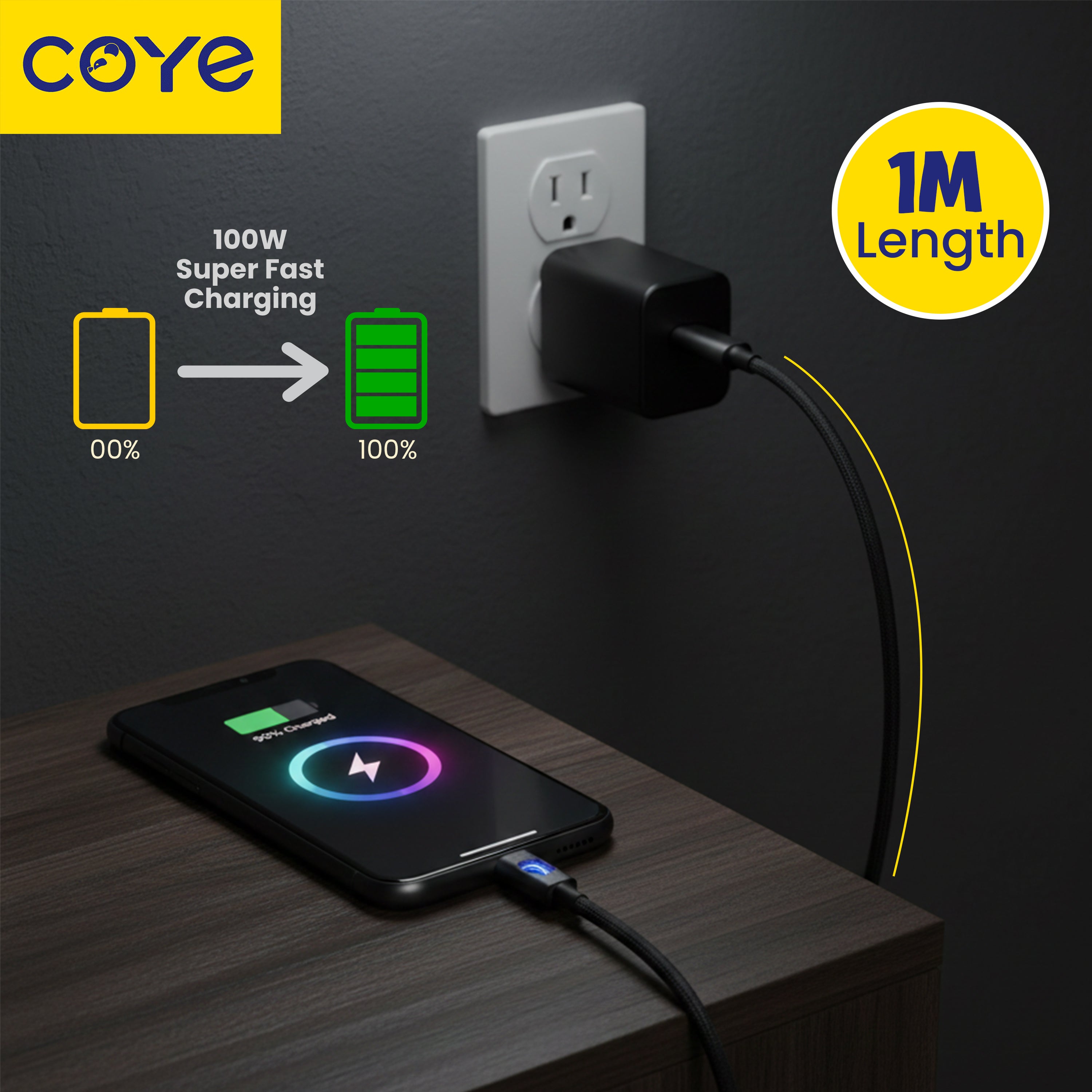 COYE 1m USB C to USB C Fast Charging Cable – 100W PD Super Charge Lead with LED Breathing Light Double-Layer Woven Lightweight Soft Stretch Super Chip Non-Heating Water & Fireproof Charging Cord