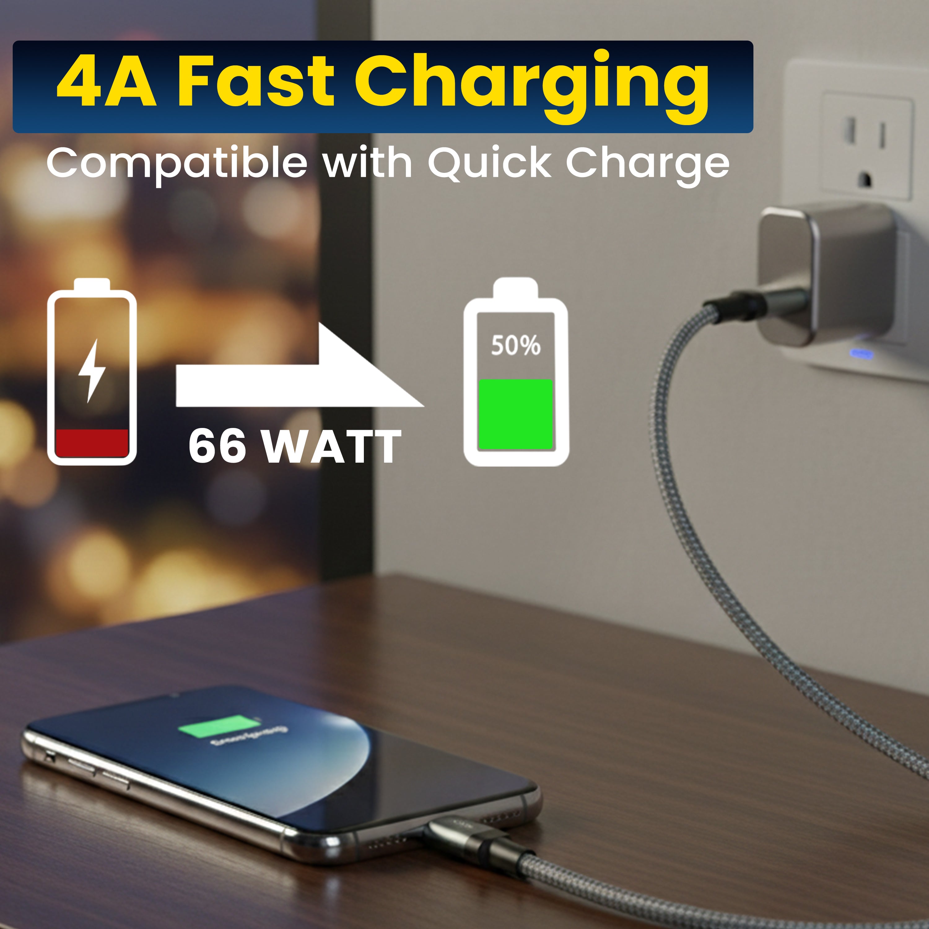 COYE 1m Nylon Braided USB A to USB C Cable – 4A Fast Charging 4mm OD Heavy-Duty Charger Cord Woven Durable USB-A to Type-C Lead