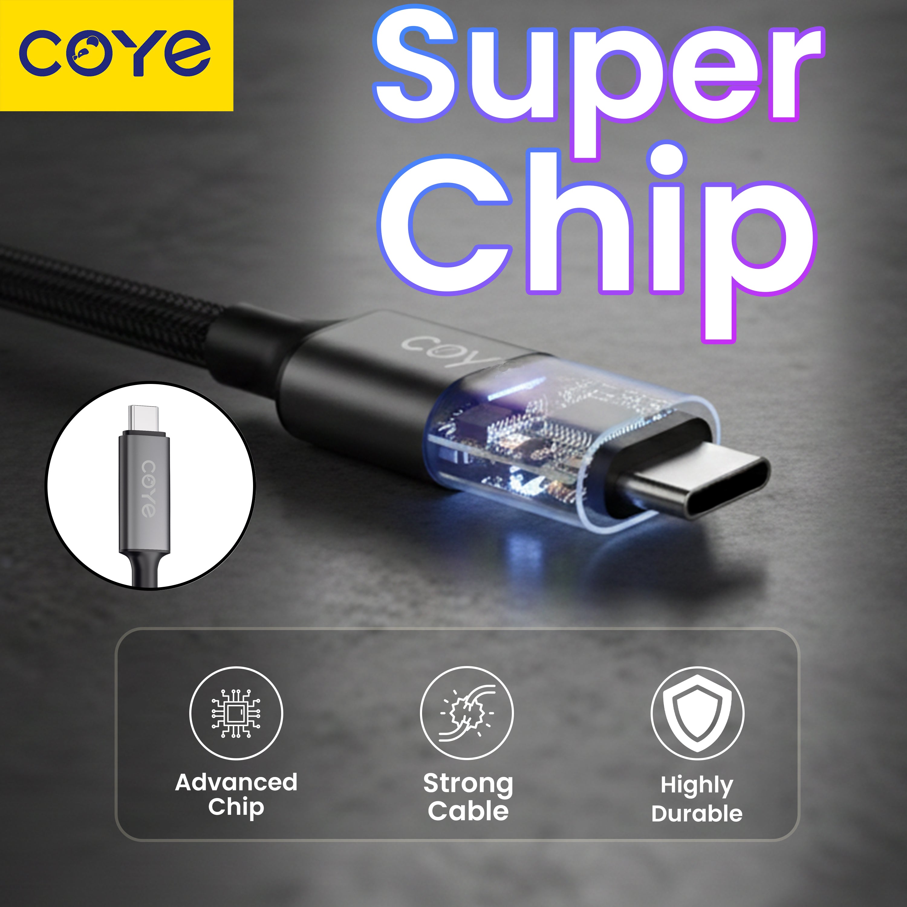 COYE 1m USB C to USB C Fast Charging Cable – 100W PD Super Charge Lead with LED Breathing Light Double-Layer Woven Lightweight Soft Stretch Super Chip Non-Heating Water & Fireproof Charging Cord