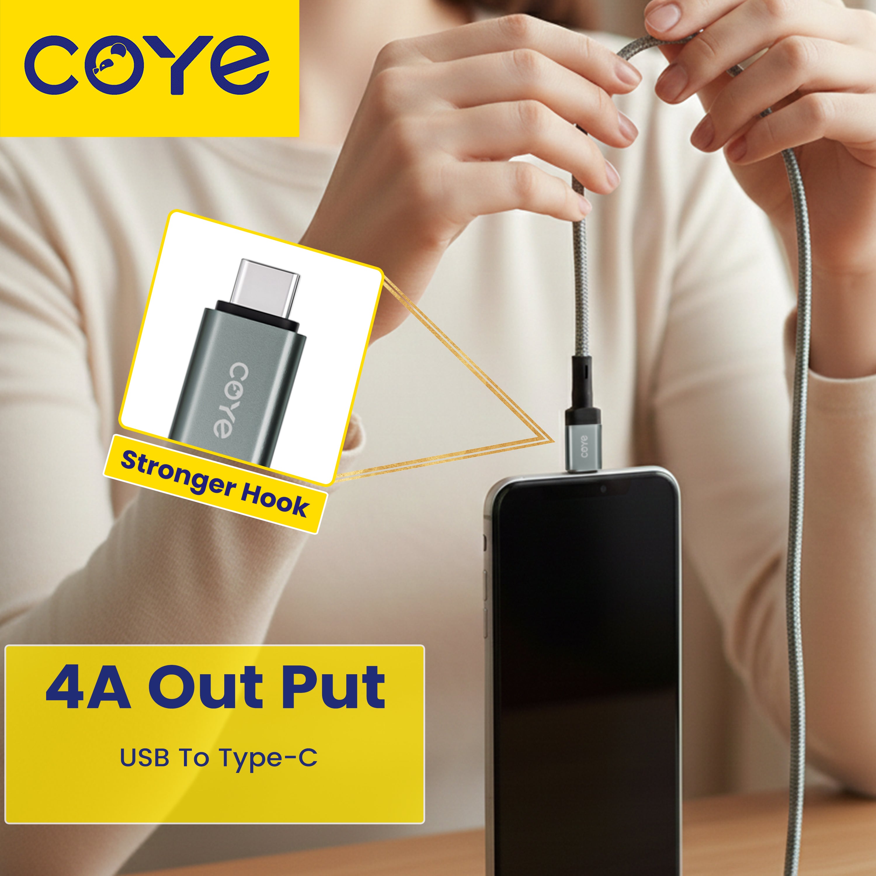 COYE 1m Nylon Braided USB A to USB C Cable – 4A Fast Charging 4mm OD Heavy-Duty Charger Cord Woven Durable USB-A to Type-C Lead