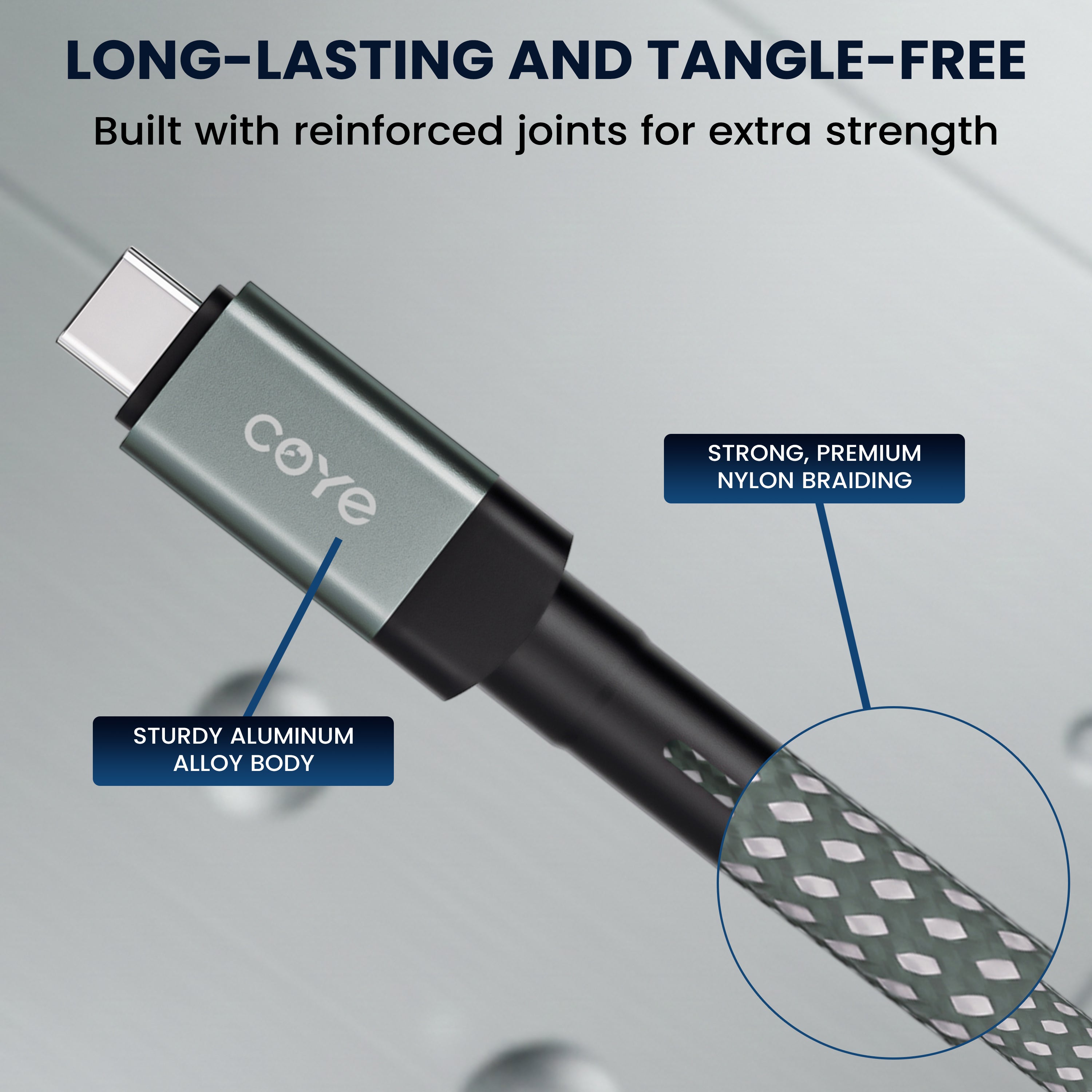 COYE 1m Nylon Braided USB A to USB C Cable – 4A Fast Charging 4mm OD Heavy-Duty Charger Cord Woven Durable USB-A to Type-C Lead