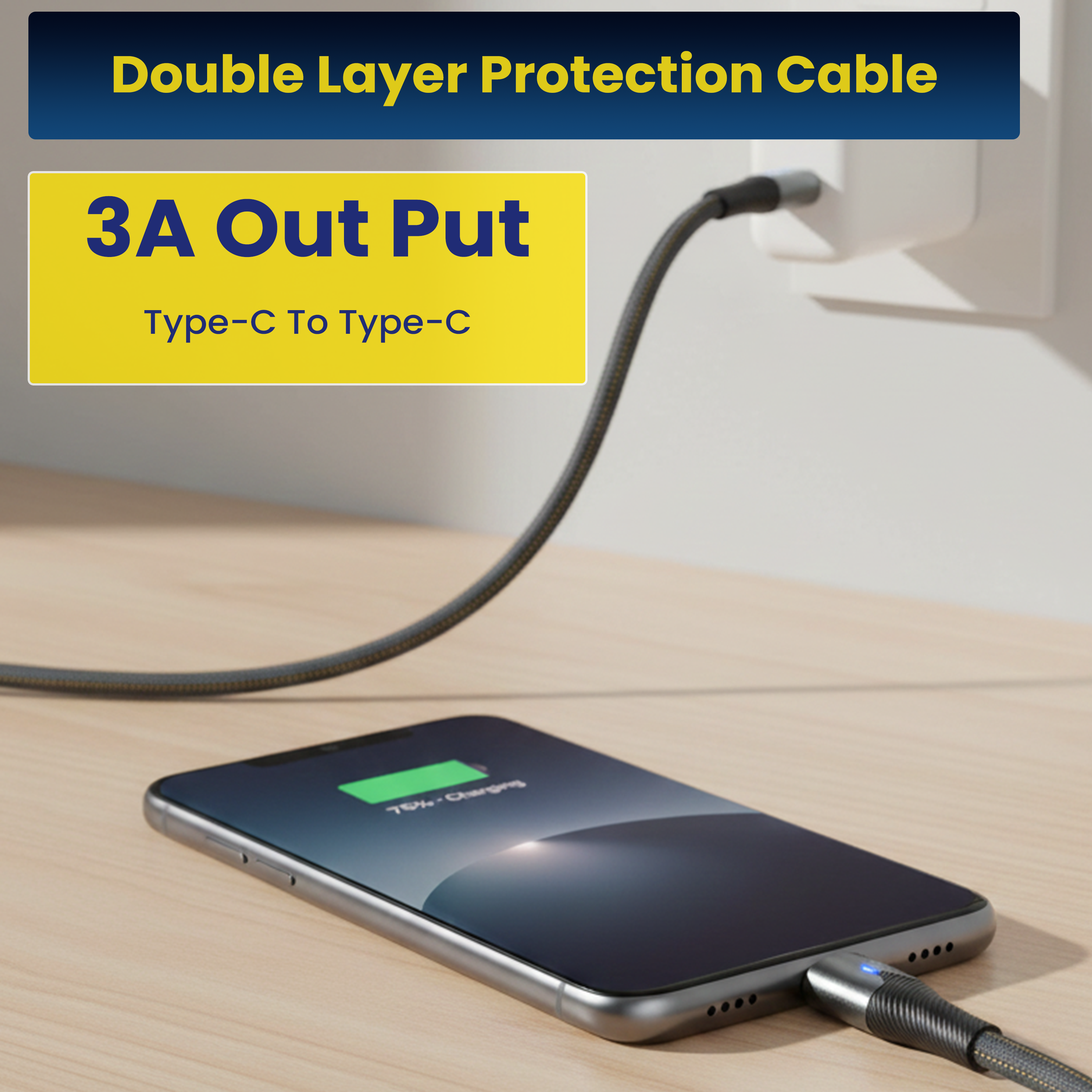 COYE 1m USB C to USB C Cable – 66W PD Fast Charging & Data Sync, LED Indicator, Pull-Resistant, Tangle-Free, High Tensile Strength, High-Speed Data Transfer