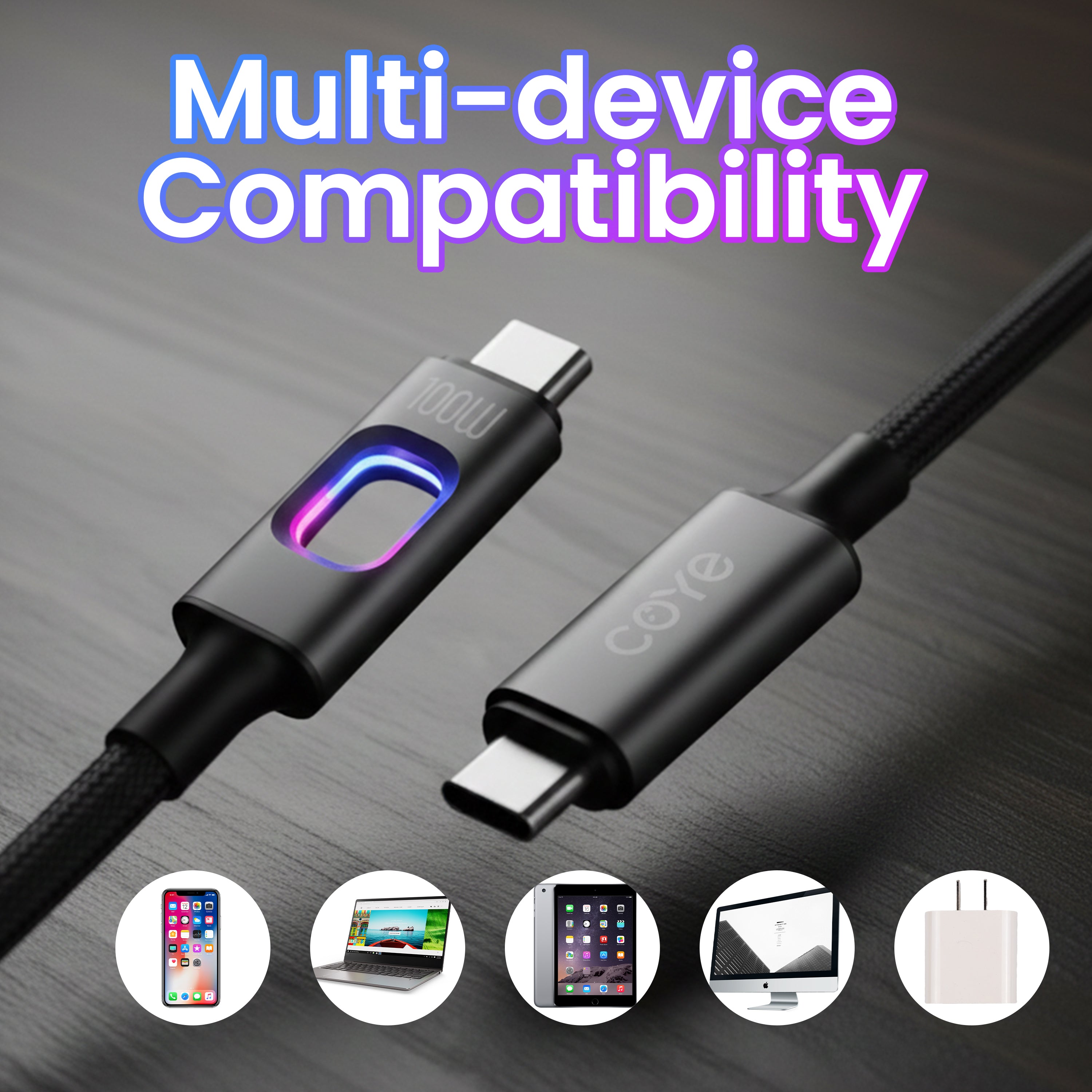 COYE 1m USB C to USB C Fast Charging Cable – 100W PD Super Charge Lead with LED Breathing Light Double-Layer Woven Lightweight Soft Stretch Super Chip Non-Heating Water & Fireproof Charging Cord