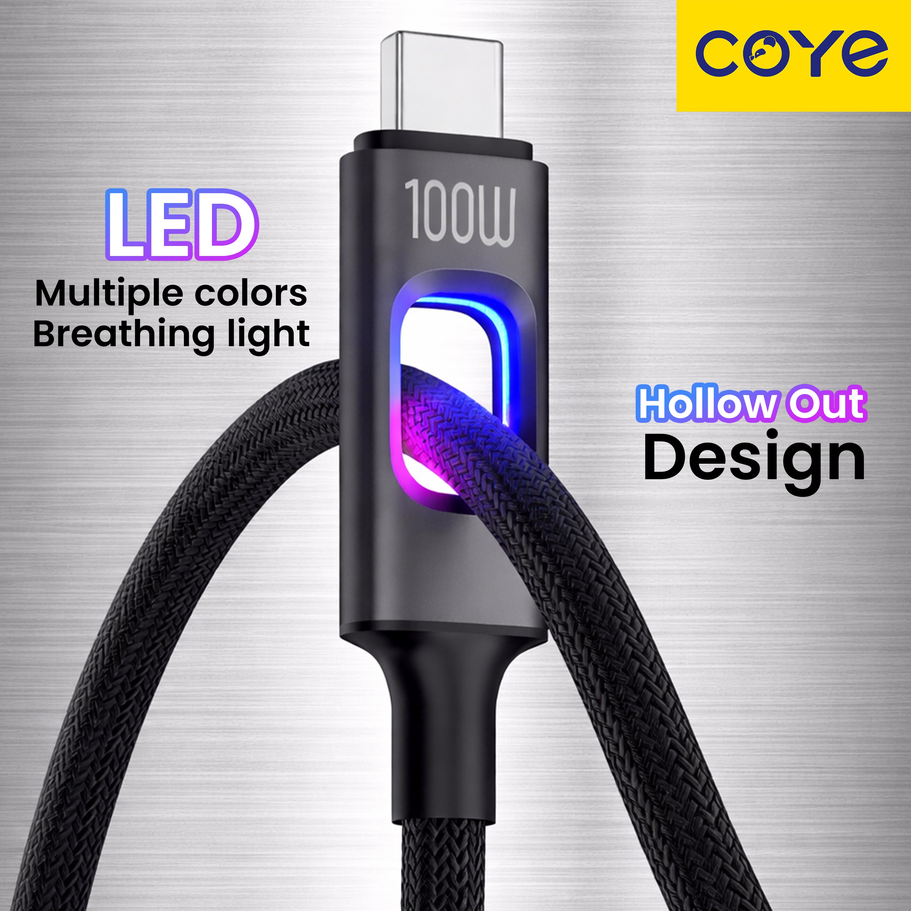 COYE 1m USB C to USB C Fast Charging Cable – 100W PD Super Charge Lead with LED Breathing Light Double-Layer Woven Lightweight Soft Stretch Super Chip Non-Heating Water & Fireproof Charging Cord