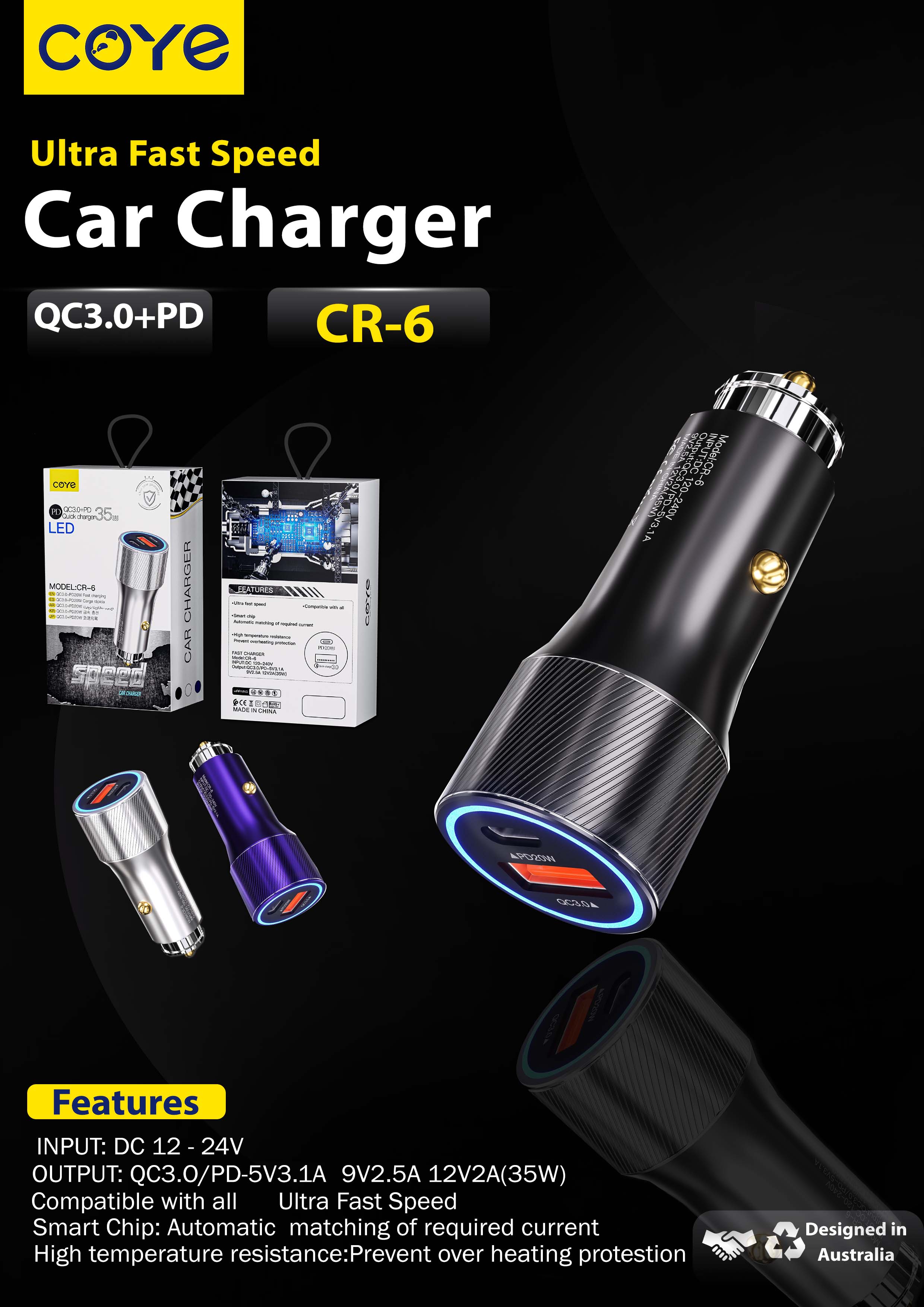 Coye Car Charger 35W PD Fast Charger (1 USB C & 1 USB A)