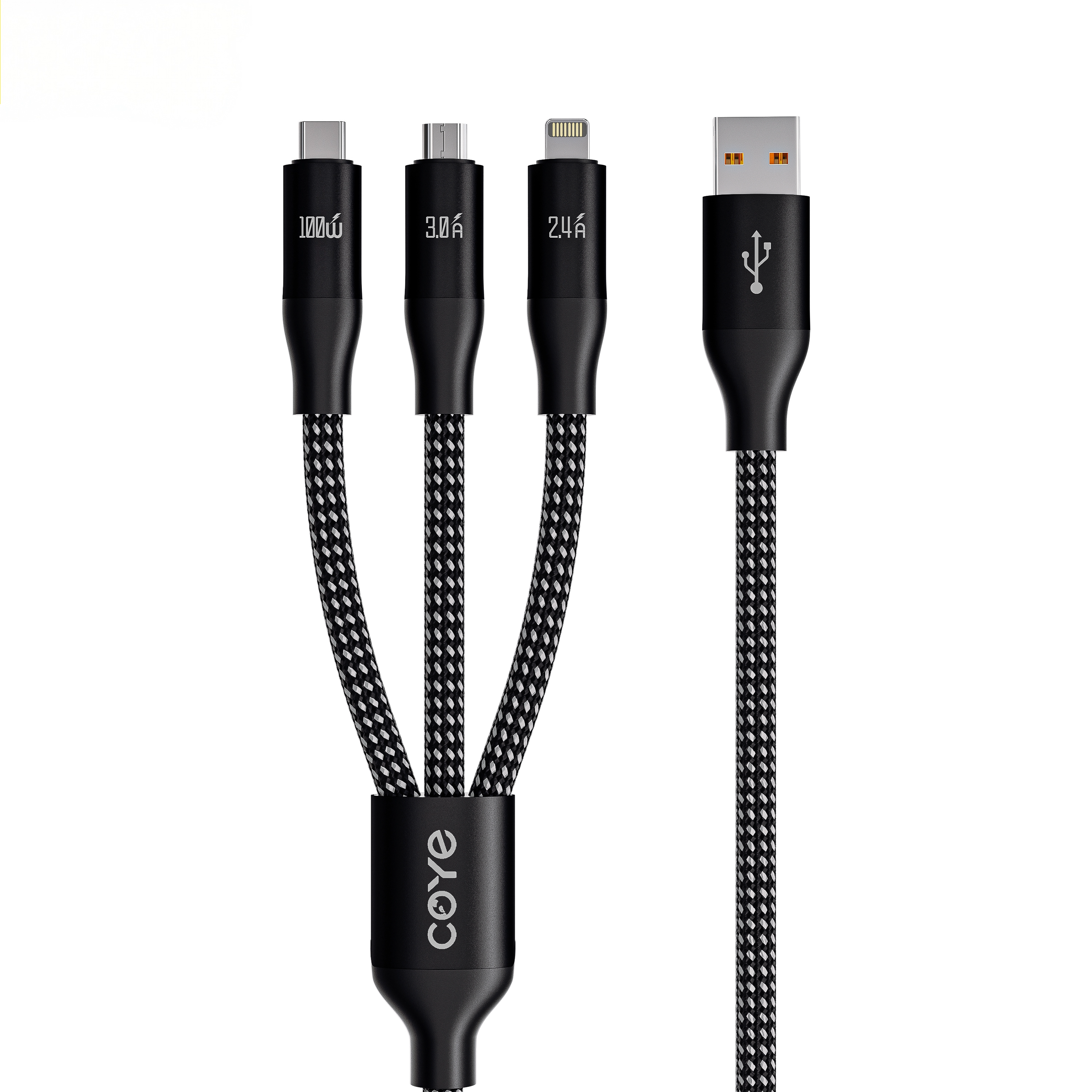 COYE 1.2m 4ft High-Rebound Nylon 3-in-1 Fast Charging Data Cable – USB-A to USB C 100W/Micro USB 3A/Lightening 2.4A Cable Wear Resistant Braided